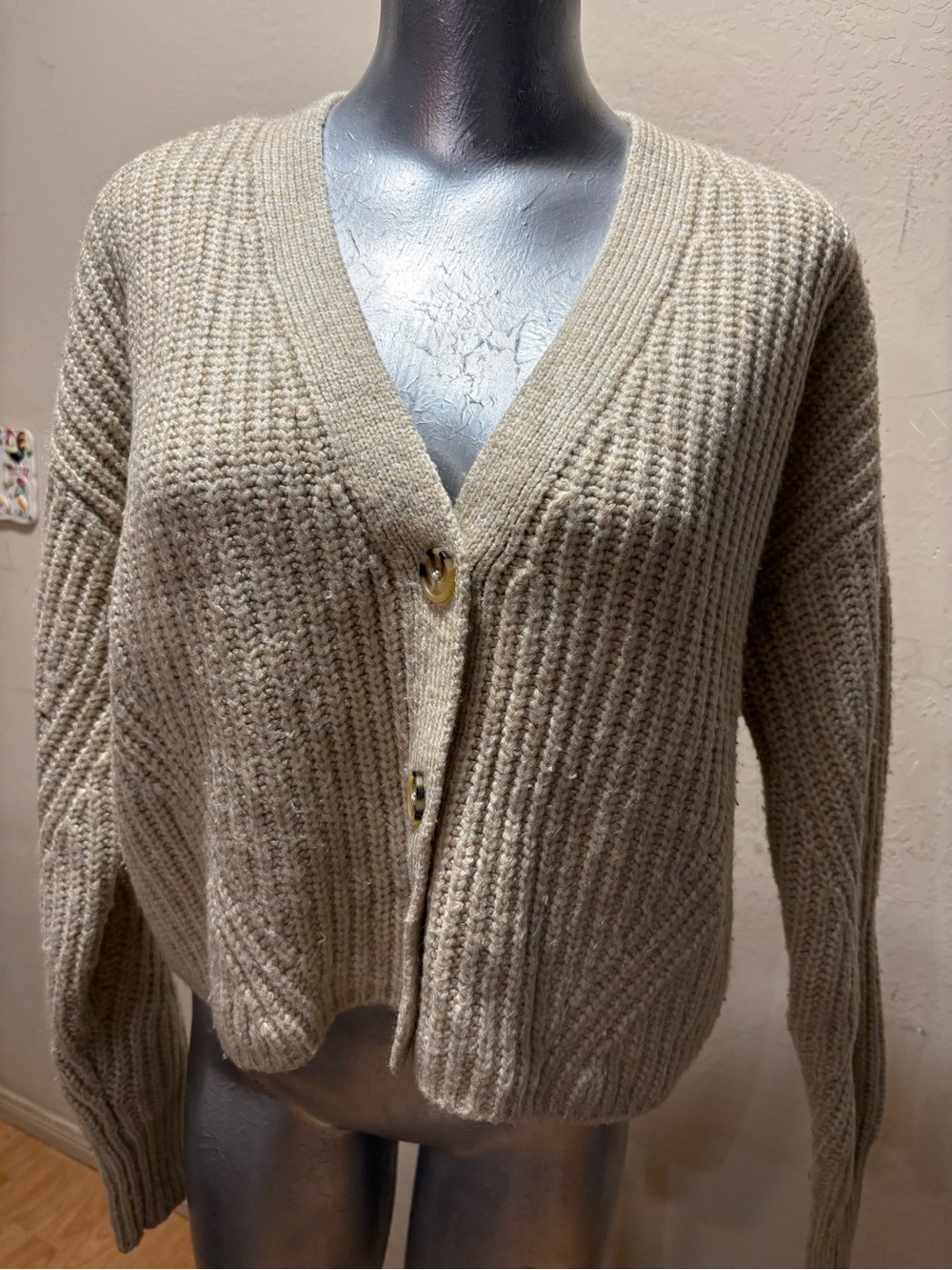 a.n.a Beige V-Neck Chunky Knit Button Cardigan